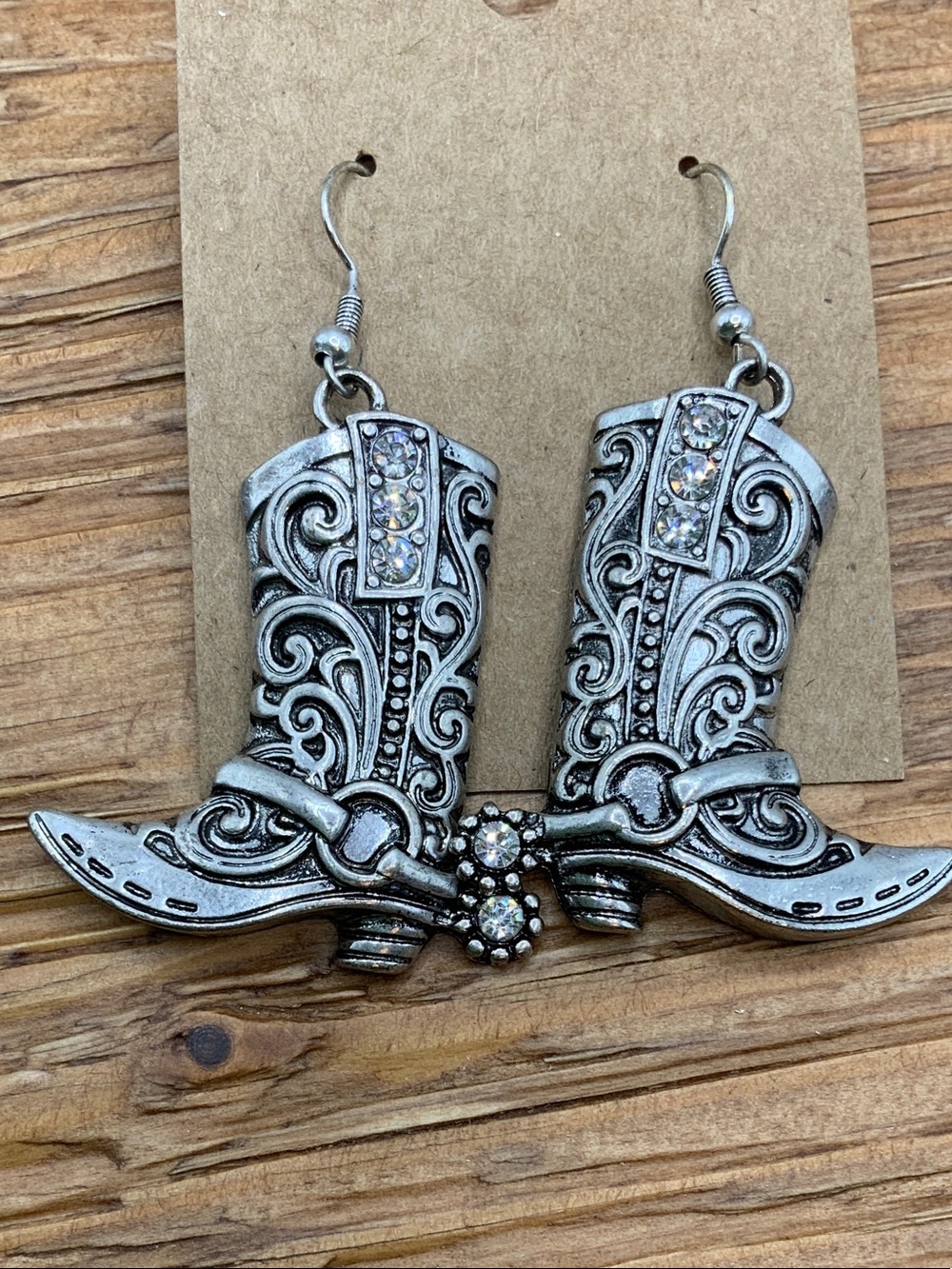Western Boot Silver Tone Rhinestones Dangle Earrings